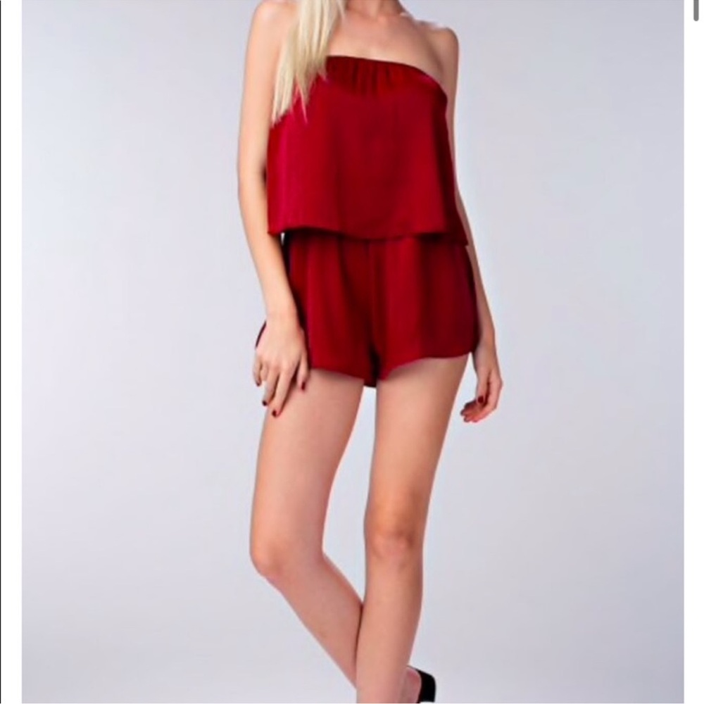 Honey Punch Red satin strapless romper